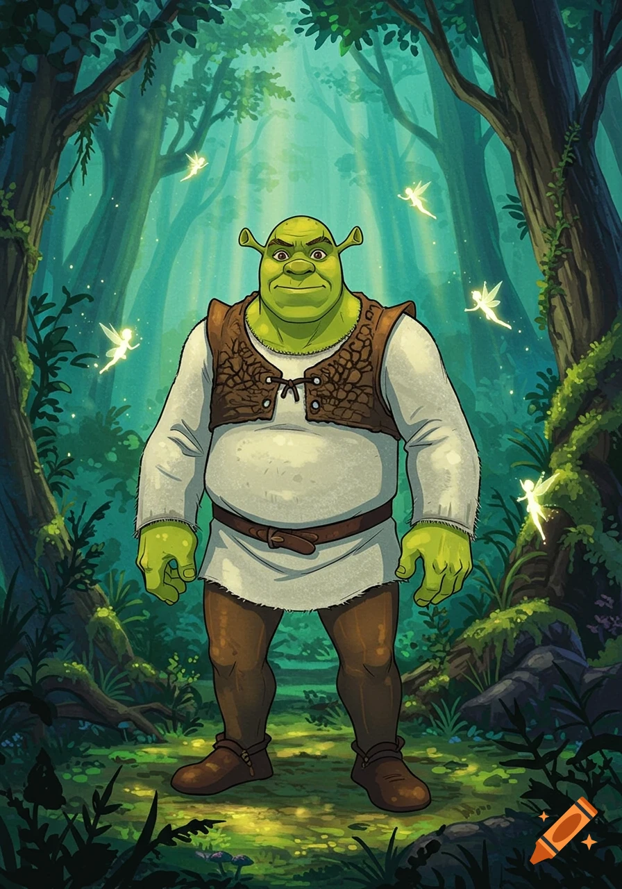 Shrek stands in a magical forest, surrounded by glowing fairies.