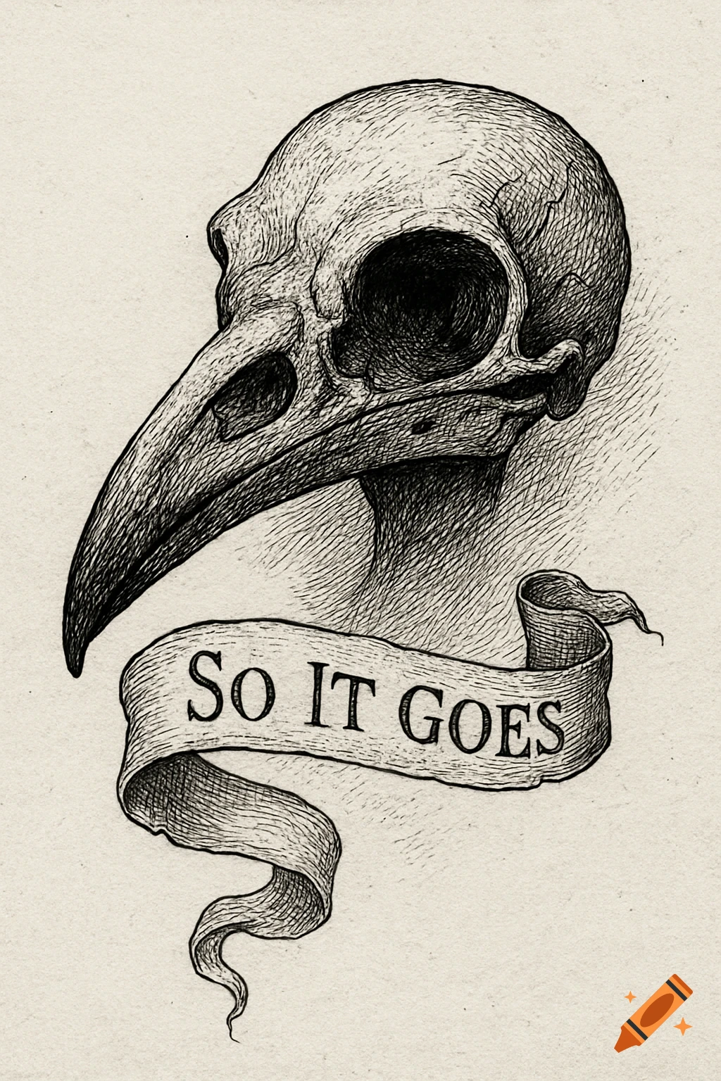 A pen and ink drawing of a crow skull with a flowing banner below it that reads "So IT GOES".