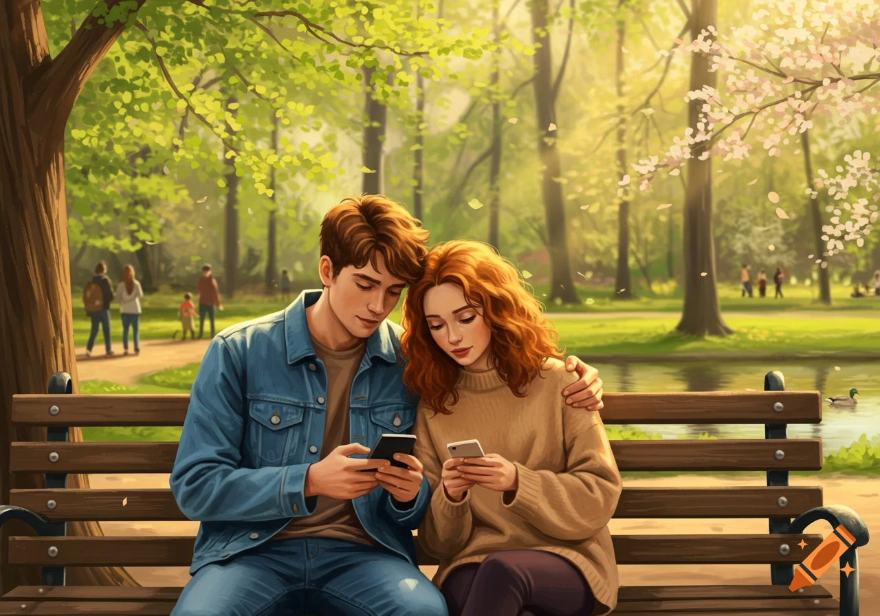 A young man and woman sit on a park bench, each looking at their smartphones. His arm is around her shoulder.