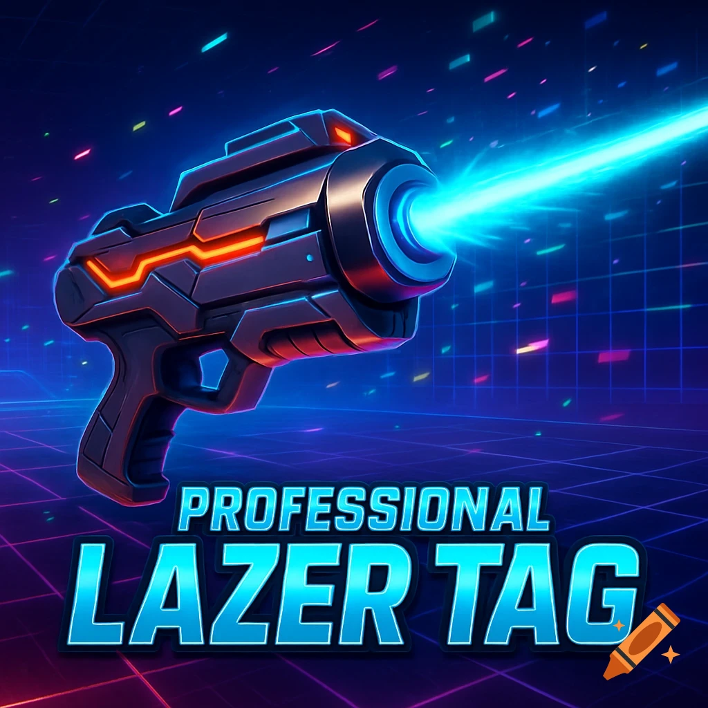 A stylized laser gun with a bright blue laser beam against a neon grid background, with the words "PROFESSIONAL LAZER TAG" in bold, futuristic font below it.