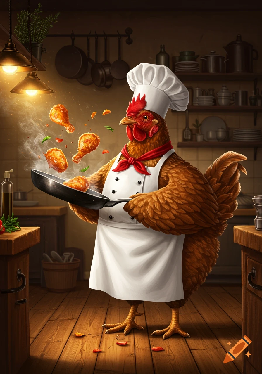 A cartoon chicken chef in an apron and chef's hat fries chicken in a pan in a rustic kitchen.