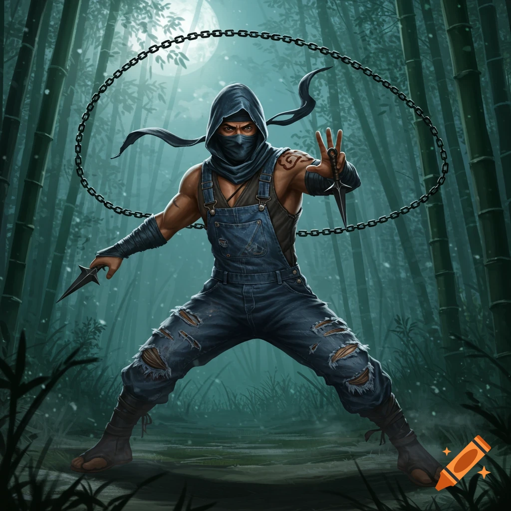 A stylized ninja in overalls holds throwing knives, with a chain encircling him, in a moonlit bamboo forest.