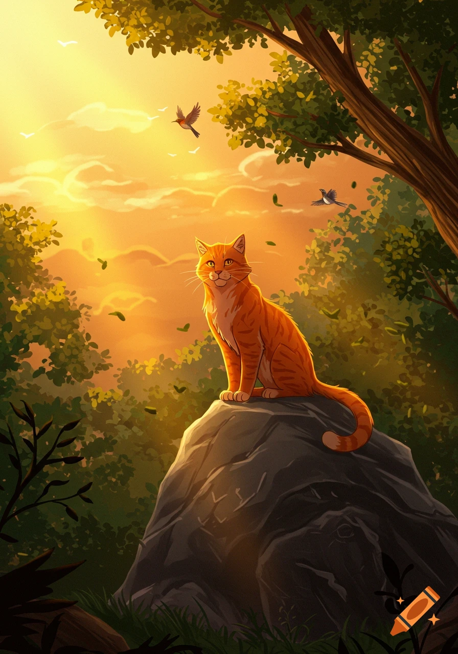 An orange cat sits on a rock in a lush forest under a vibrant sunset, in an illustrated style.