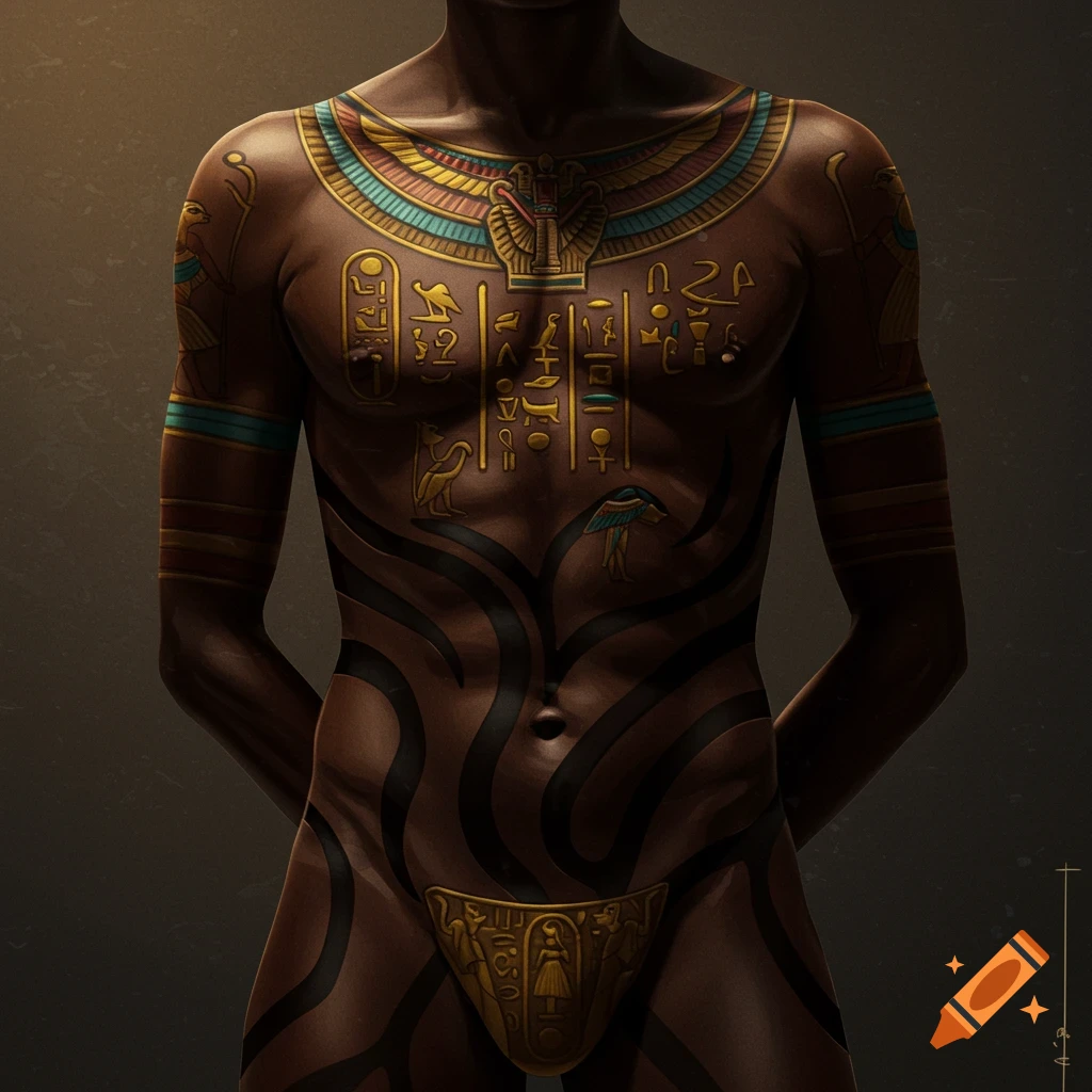 Male torso with intricate gold and blue Egyptian hieroglyphic body paint and black tribal patterns.