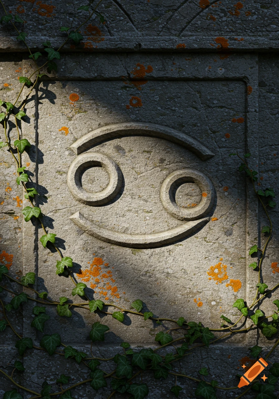 A photorealistic image of a stone wall with the Cancer zodiac symbol carved into it, covered with ivy and orange lichen.