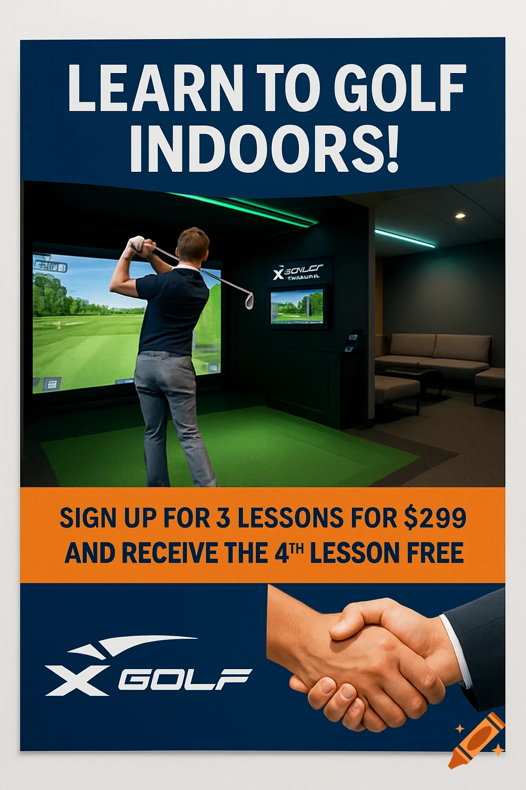 Promotional flyer for X-Golf showing a man golfing in an indoor simulator, a handshake, and text promoting golf lessons.