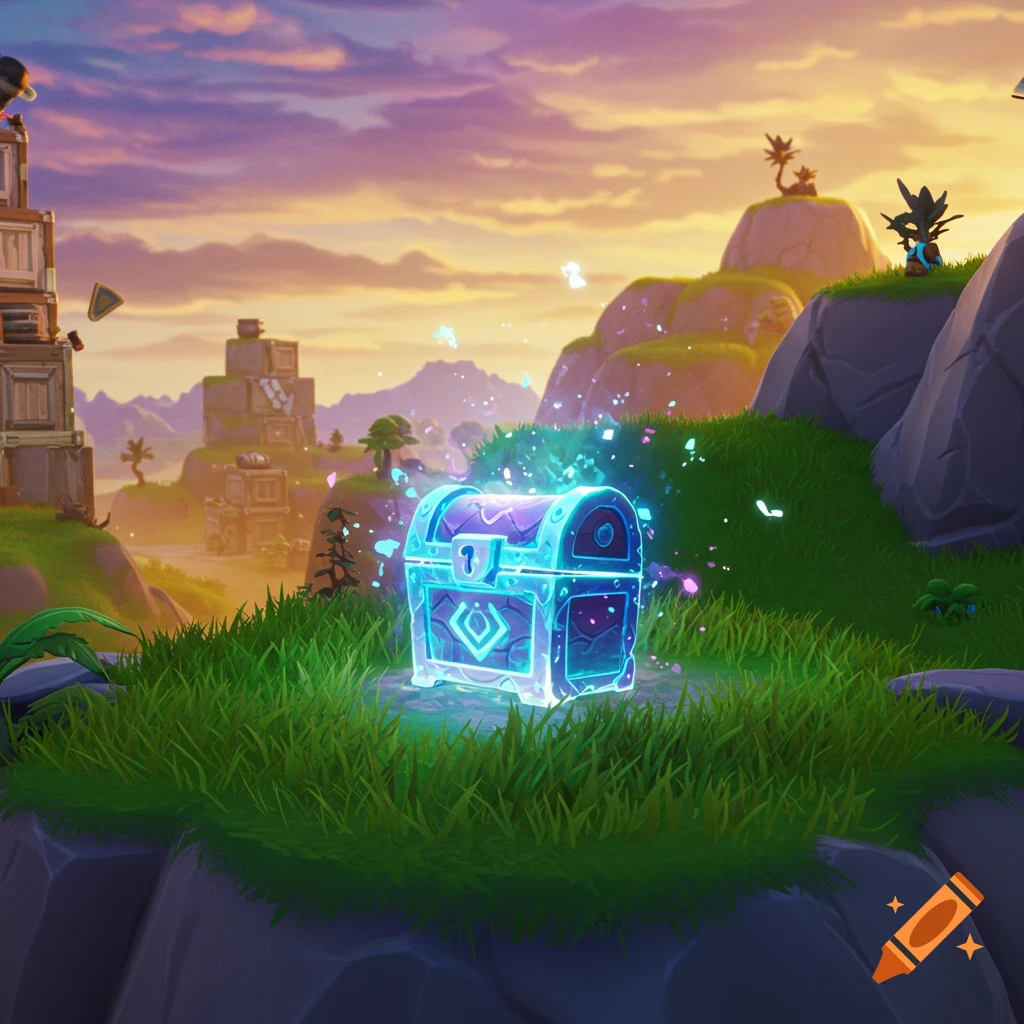 A glowing blue and purple treasure chest sits on grassy rocks in a vibrant, stylized landscape reminiscent of Fortnite, under a sunset sky.