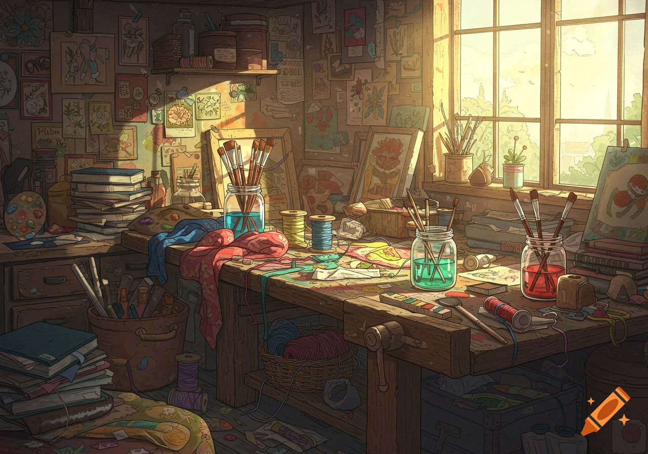 A detailed illustration of a messy art studio or craft room filled with various art supplies, books, and drawings, bathed in sunlight from a window.