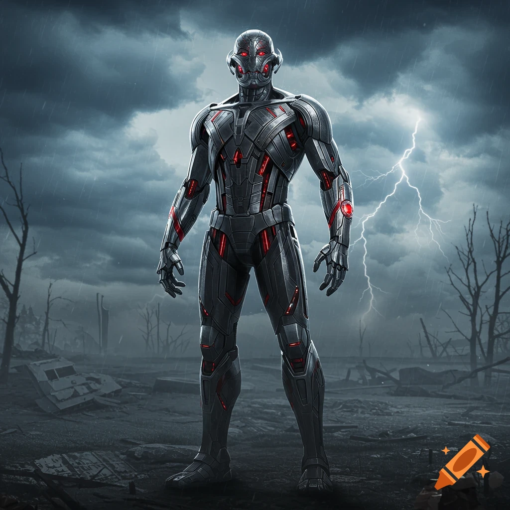 A menacing Ultron robot stands in a dark, destroyed landscape under a stormy sky with lightning.