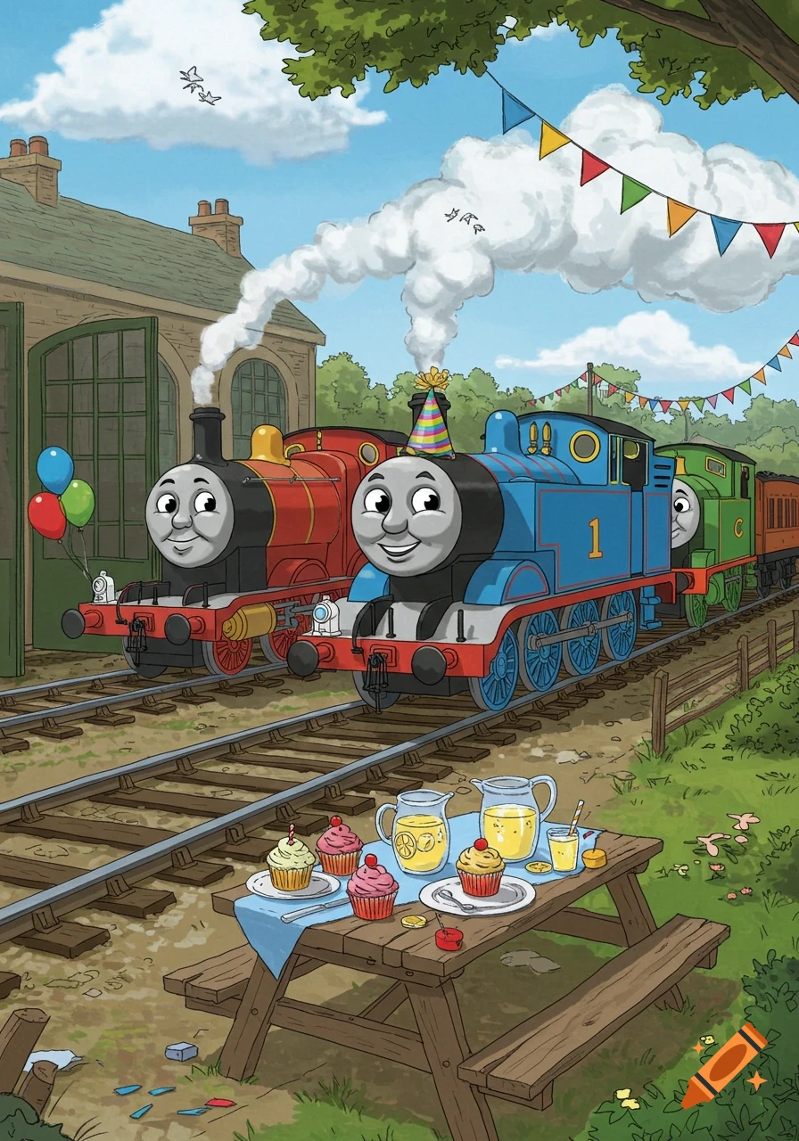 Thomas the Tank Engine wearing a party hat, James, and Percy at a birthday party with a picnic table of cupcakes and lemonade.