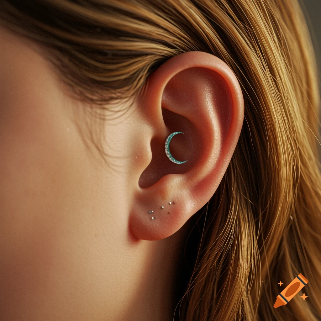 A close-up, photorealistic view of an ear adorned with a crescent moon piercing and three small stud earrings.