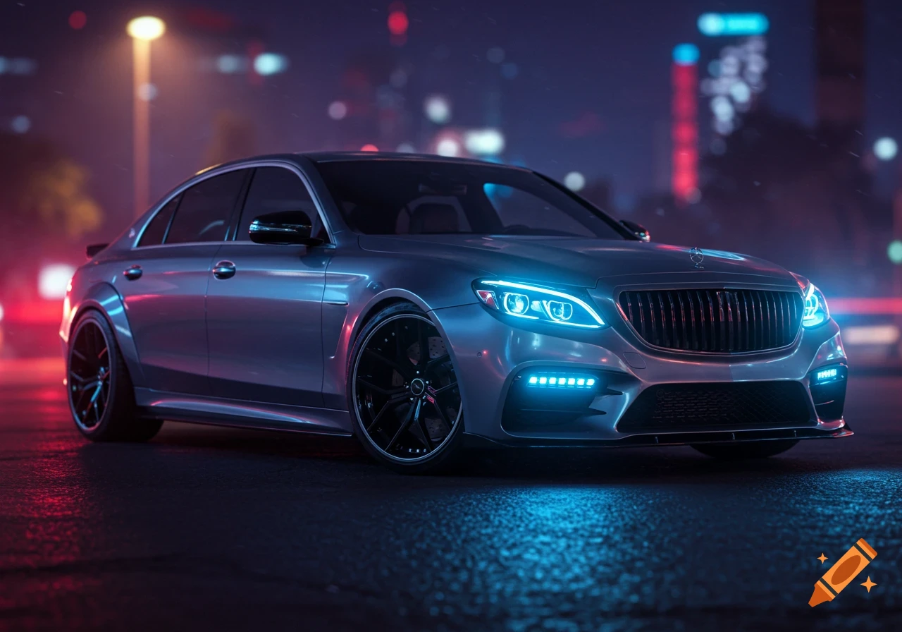 A sleek modified luxury car with blue LED lights and black rims parked on a wet street at night, with blurred city lights in the background.
