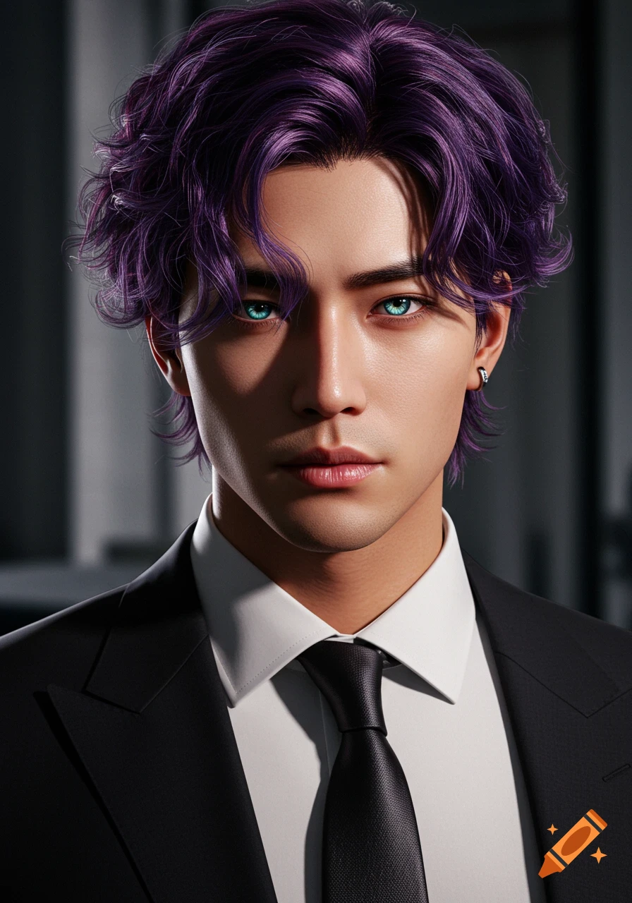 A photorealistic portrait of a handsome Asian young man with wavy purple hair and blue eyes, wearing a black suit.
