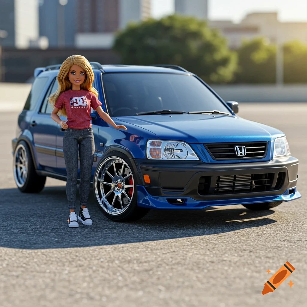 A Barbie doll in a red shirt and jeans stands beside a blue Honda CRV on an asphalt surface.