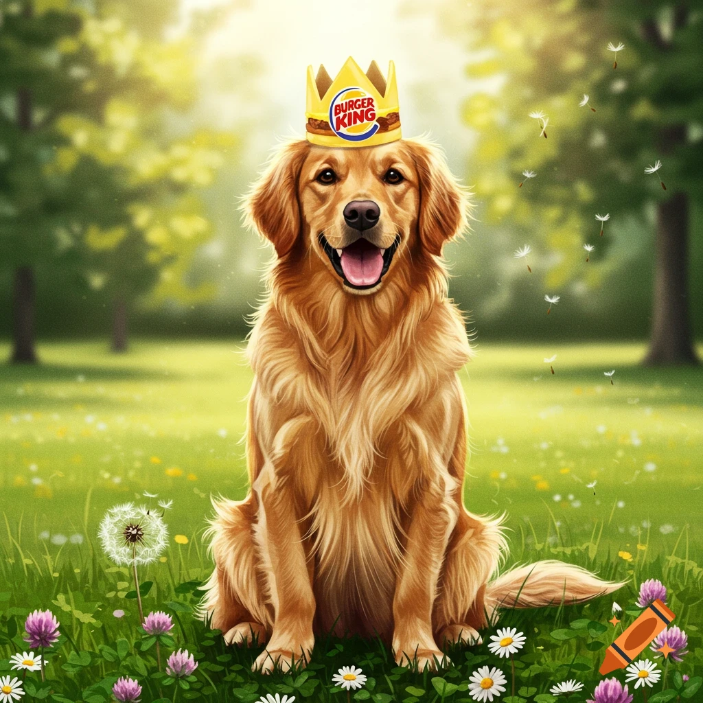 A golden retriever wearing a Burger King crown sits in a sunny green field with flowers and dandelions.