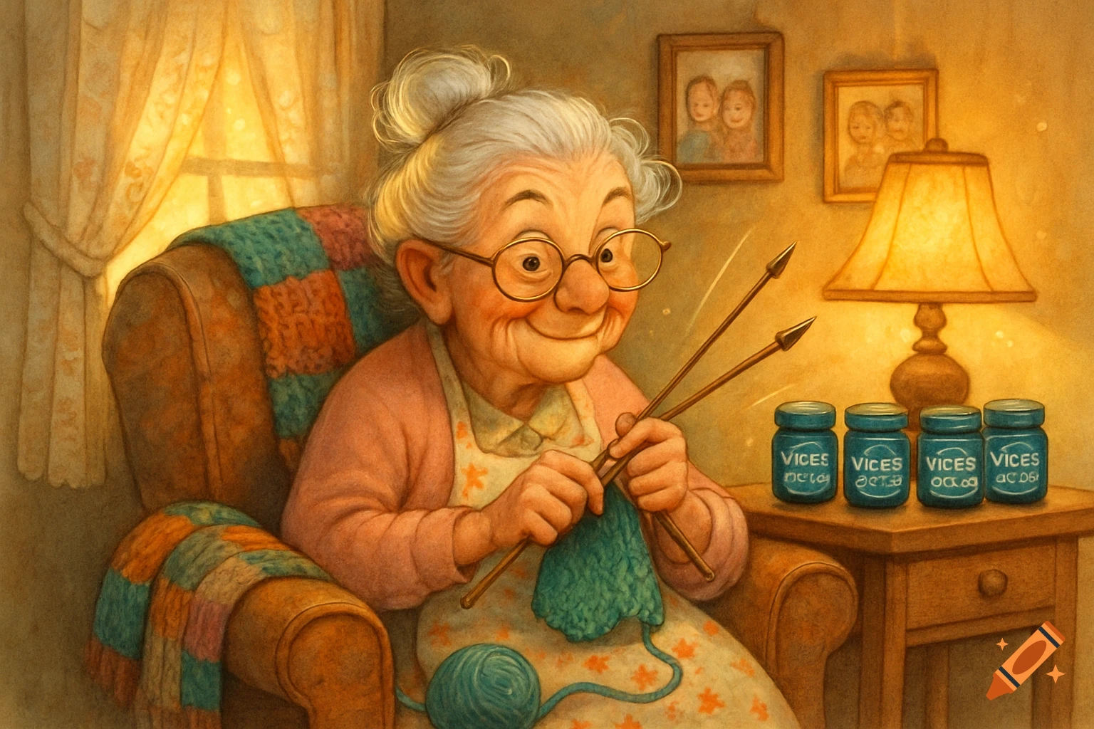 A smiling elderly woman with glasses knits in a cozy armchair, with a ball of yarn and a blanket. On a table next to her are a lamp and four blue jars.