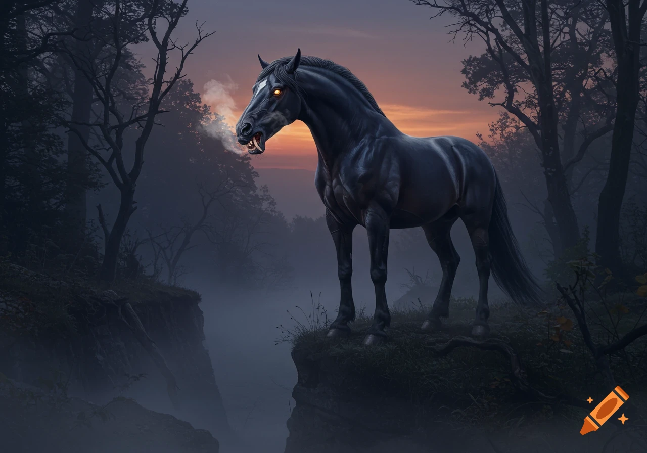 A dark, menacing horse with glowing eyes and fangs breathes smoke in a misty, dark forest at sunset.