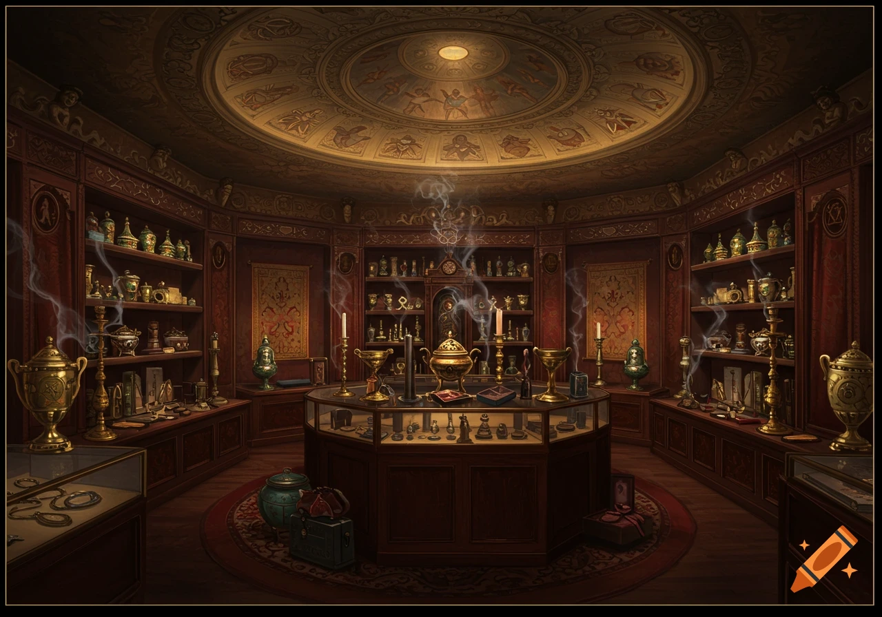 A richly detailed circular room filled with shelves of ancient bottles, golden chalices, and glowing objects, with smoke rising, evoking a magical or alchemical setting.