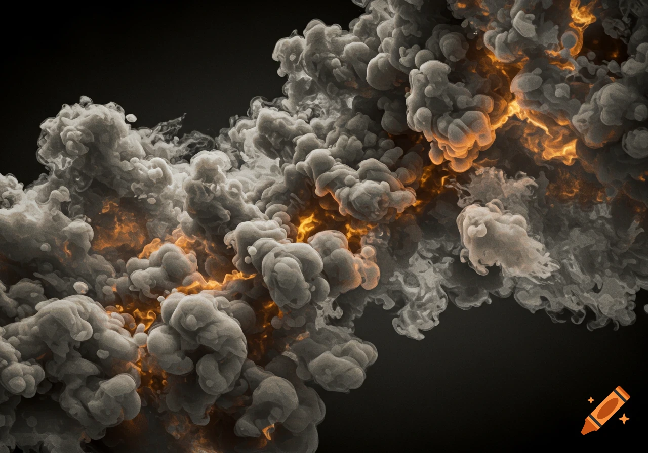 Billowing grey smoke with orange glowing embers against a dark background, in a graphic print style.