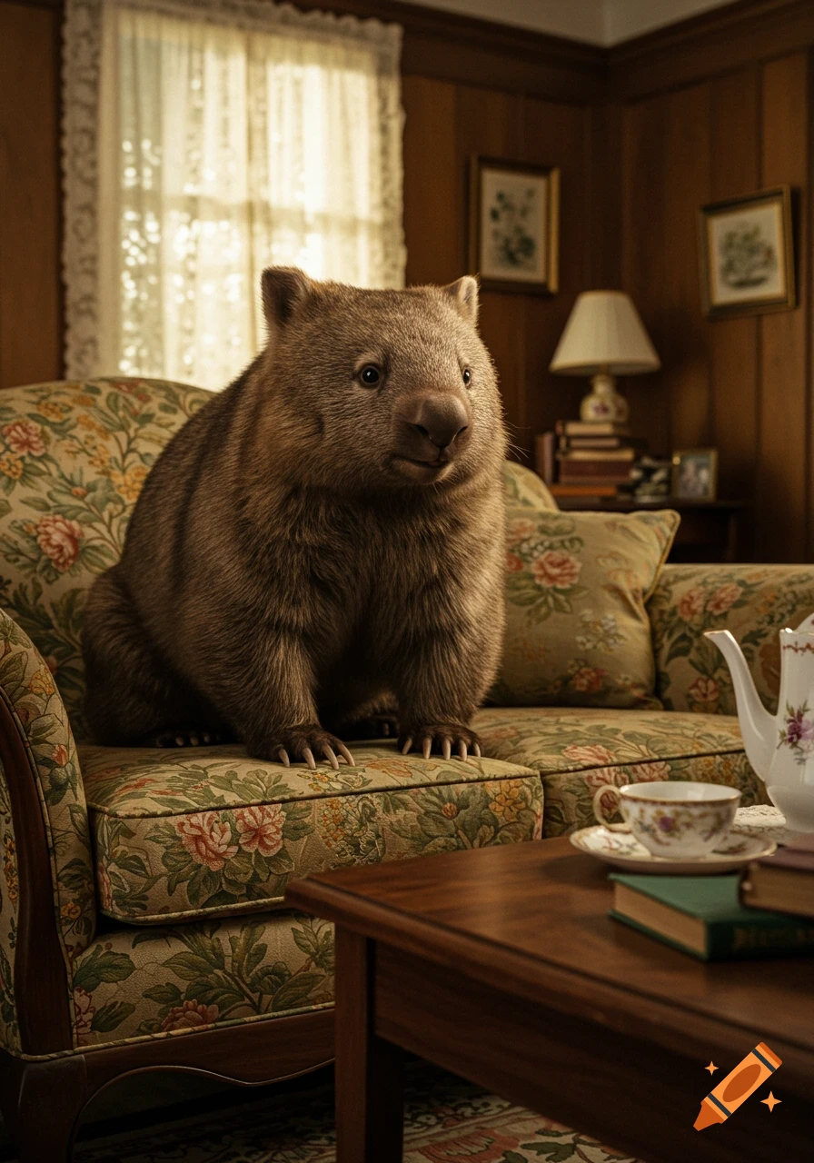 Photorealistic image of a wombat sitting on a floral couch in a vintage living room, with a wooden table, teapot, and teacup in the foreground.