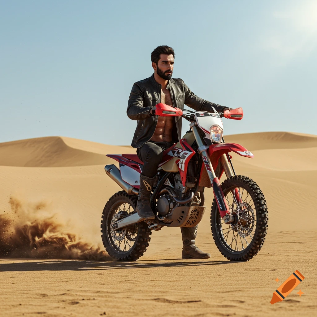 A rugged man in a leather jacket rides a red dirt bike through sandy dunes under a clear sky, kicking up dust.