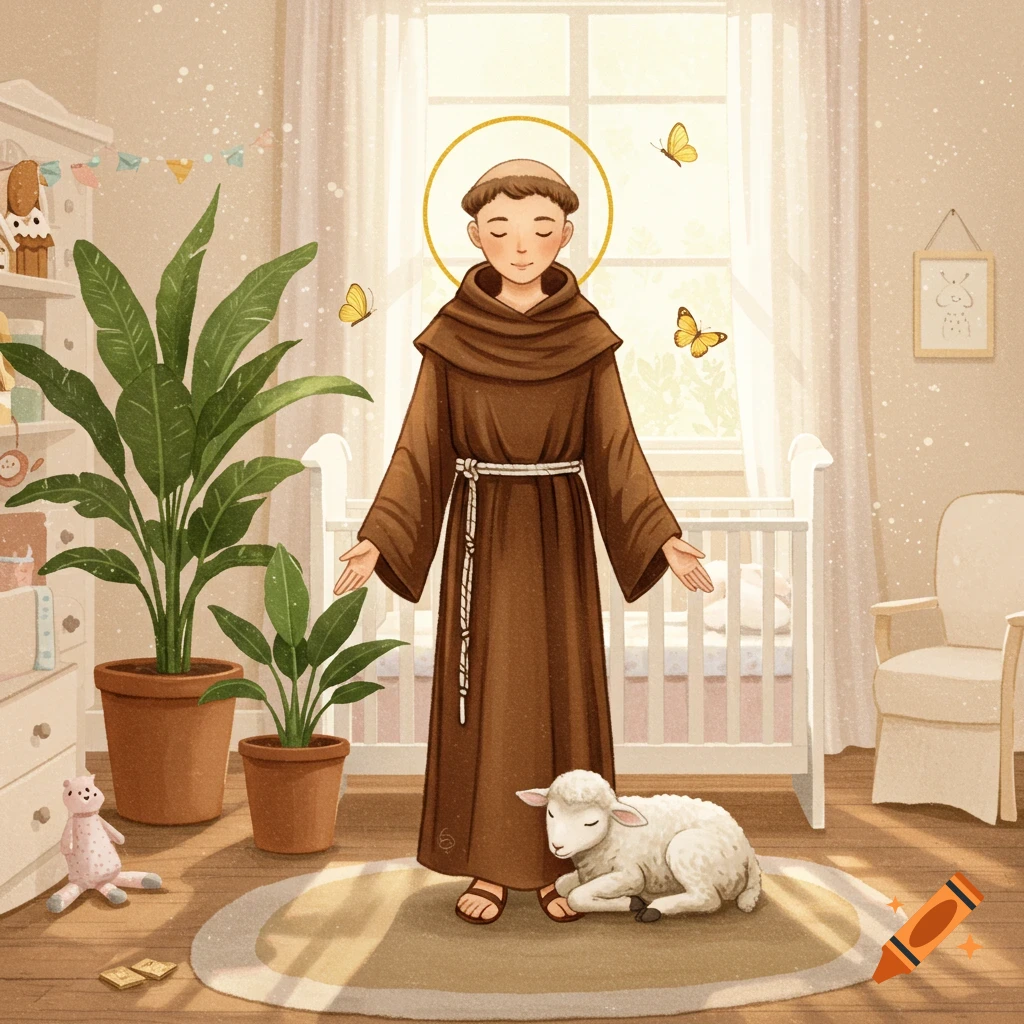 A gentle illustration of Saint Anthony in a brown robe with a halo, standing in a sunny nursery with a lamb, plants, and a crib.