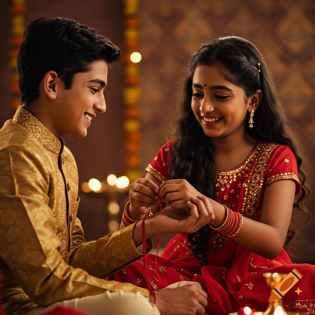 A sister ties a red rakhi on her brother's wrist during a photorealistic Raksha Bandhan celebration.
