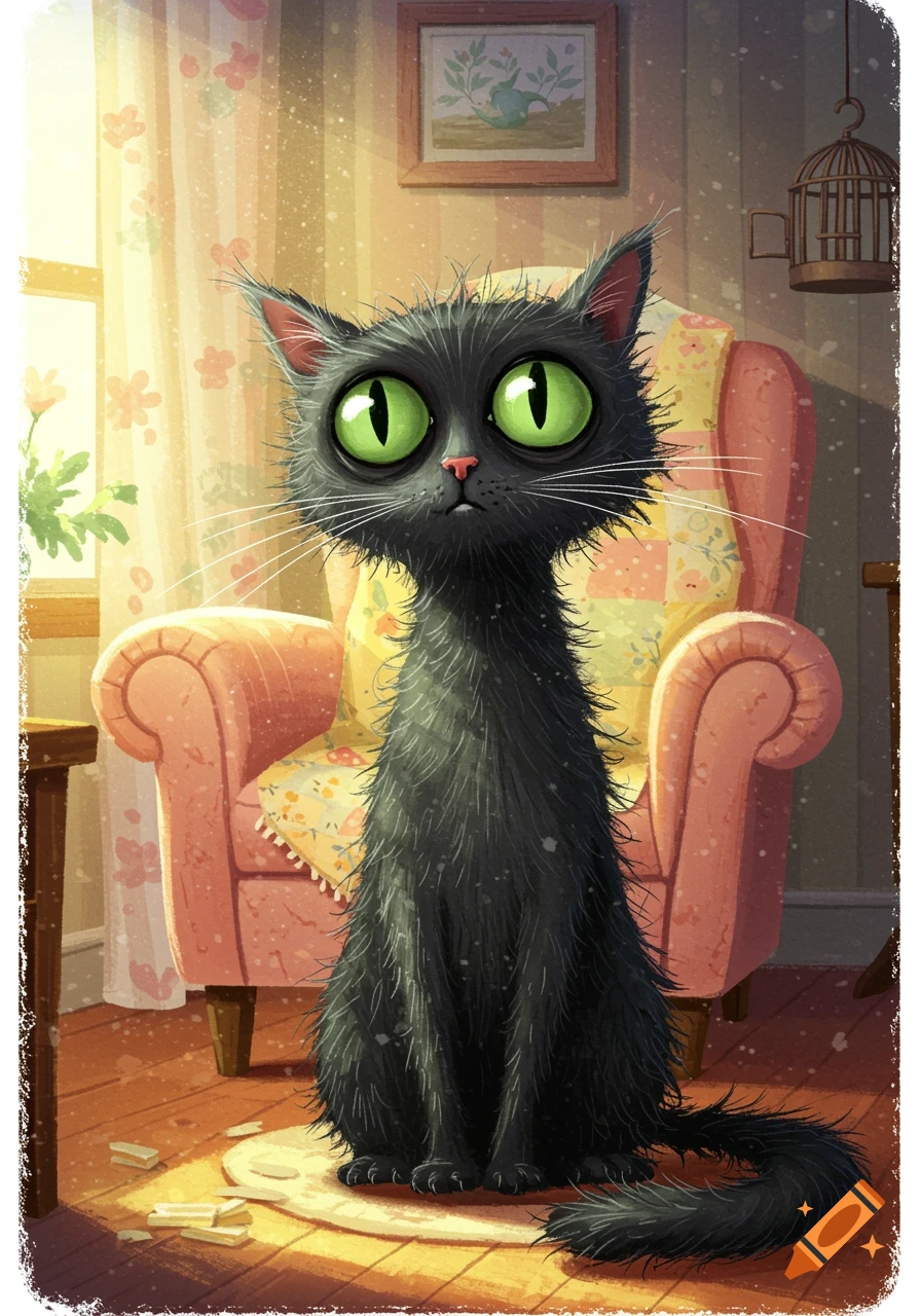 A scruffy black cartoon cat with large green eyes sits indoors by a window and a patterned armchair.