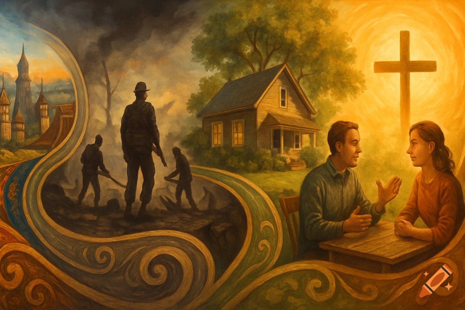 A painting in three sections illustrating a life's journey, showing a colorful diverse city, men in a smoky warzone, a house, and a man and woman conversing beneath a glowing cross.