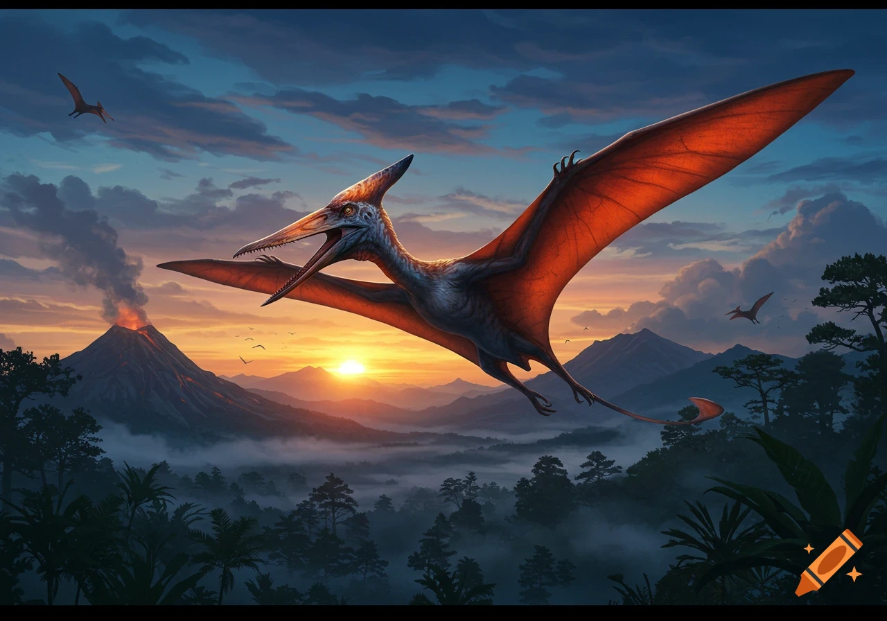 A pterodactyl flies over an erupting volcano and misty jungle at sunset.