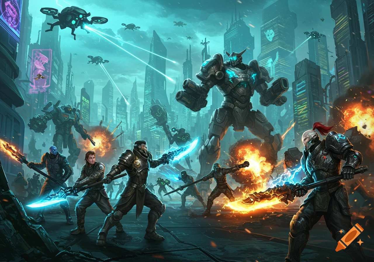 Futuristic soldiers and giant mechs battle in a cybernetic city with drones and explosions, digital art.