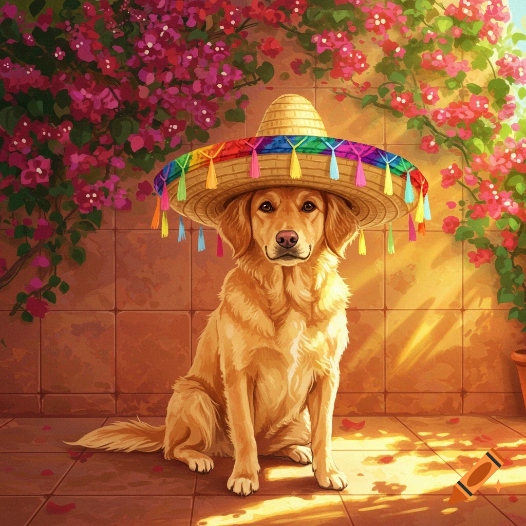 A golden retriever dog wearing a colorful sombrero sits in front of a wall covered in vibrant pink bougainvillea flowers.