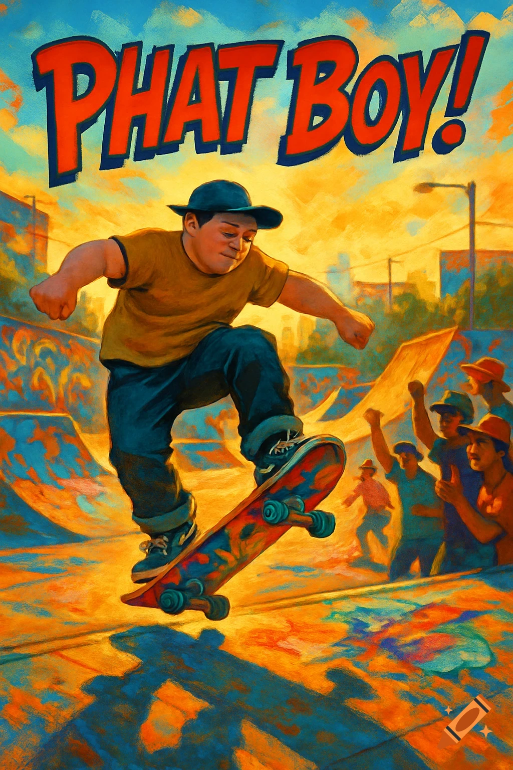 Vibrant, painterly illustration of a boy skateboarding in a colorful skate park at sunset, with 'PHAT BOY!' text.