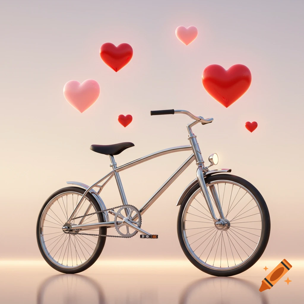 A shiny silver seatless bicycle with a headlight, surrounded by floating red and pink hearts against a soft, light background.