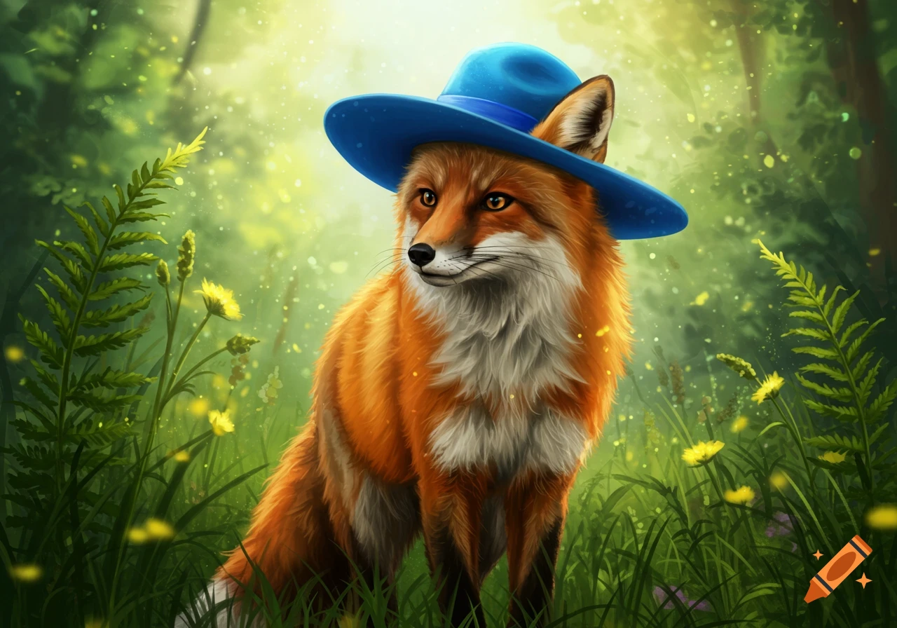 An illustration of a fox wearing a blue hat, standing in a sunny, green forest with yellow flowers.