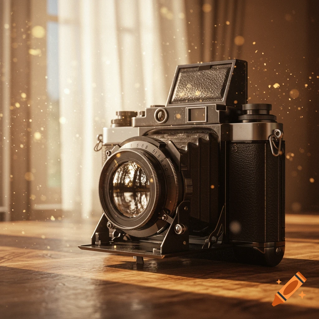A close-up, photorealistic image of a vintage camera on a wooden table, bathed in warm sunlight with glowing dust particles.
