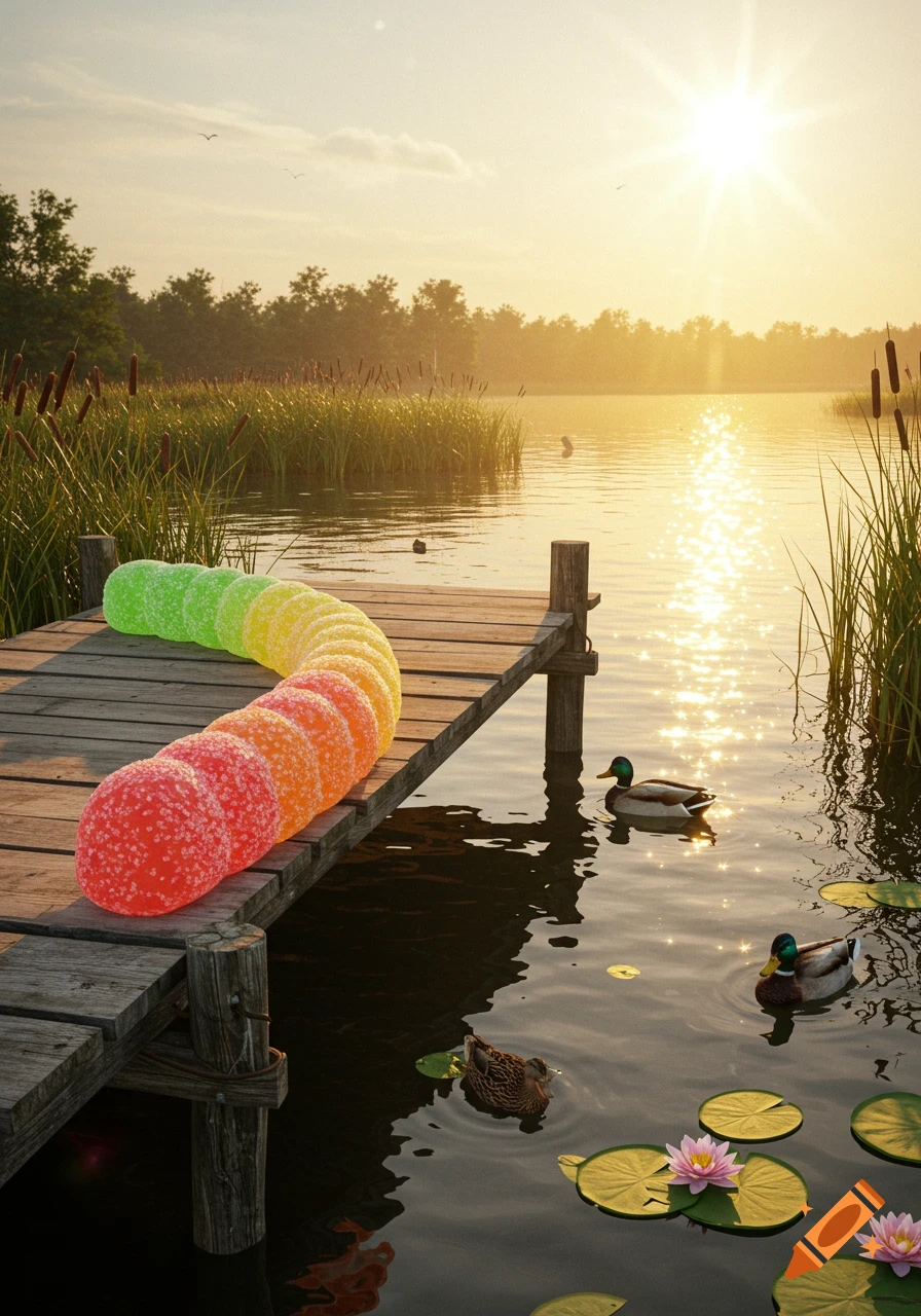 A giant rainbow gummy worm rests on a wooden dock on a lake with ducks and lily pads at sunset.