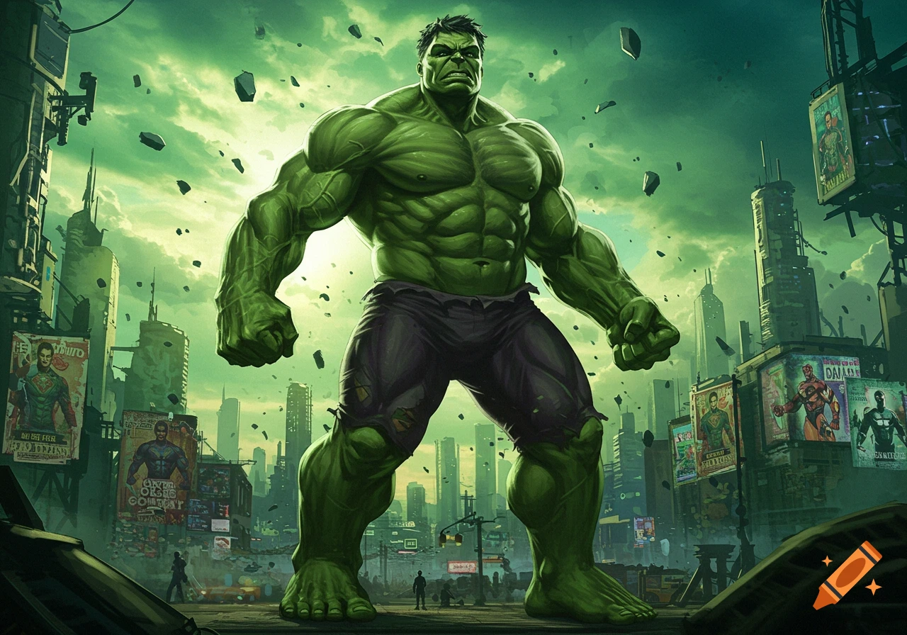 A massive green superhero like the Hulk stands in a crumbling city under a green sky.