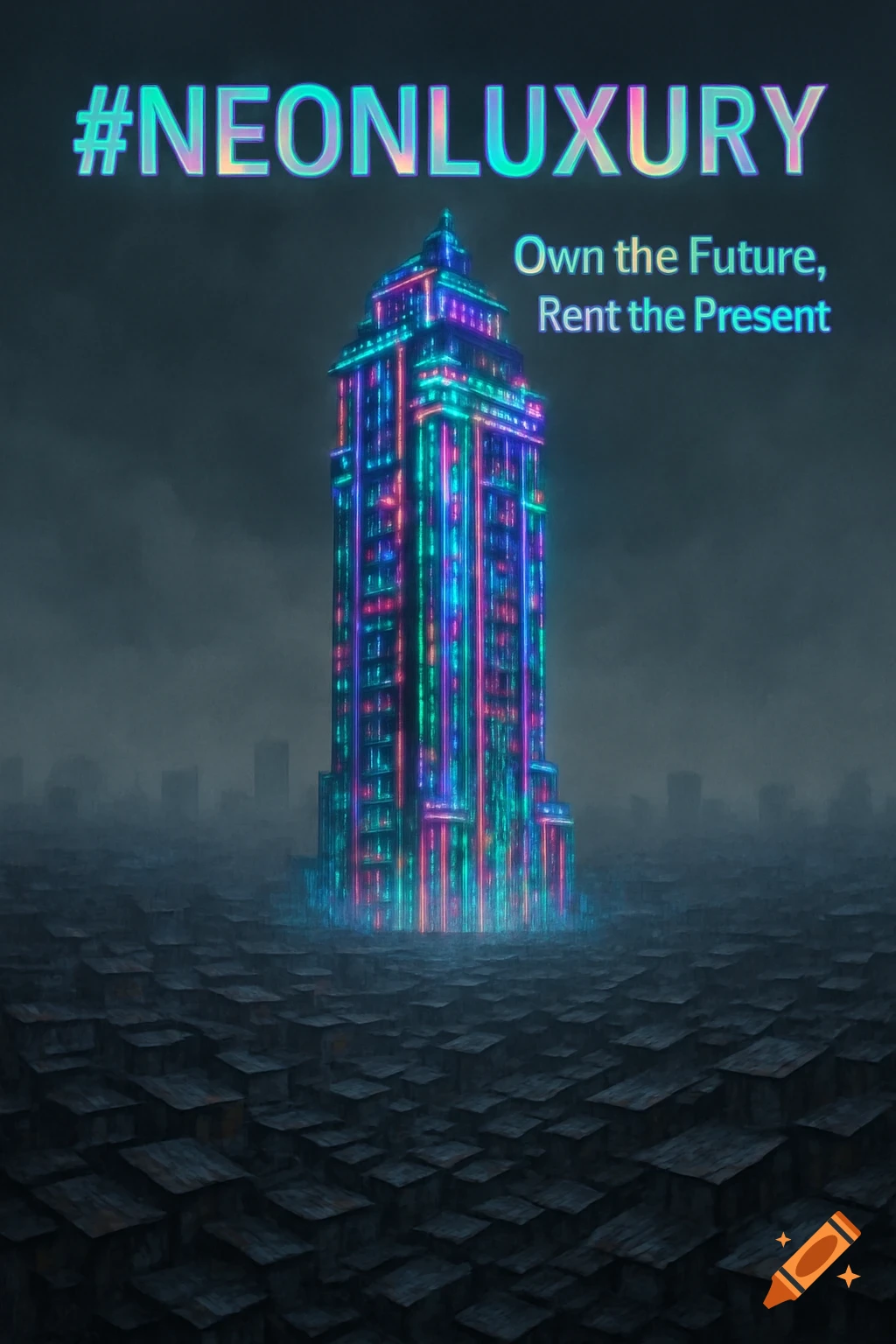 A tall, futuristic skyscraper lit with vibrant neon lights rises above a sprawling, dark cityscape of slums under a smoky sky.