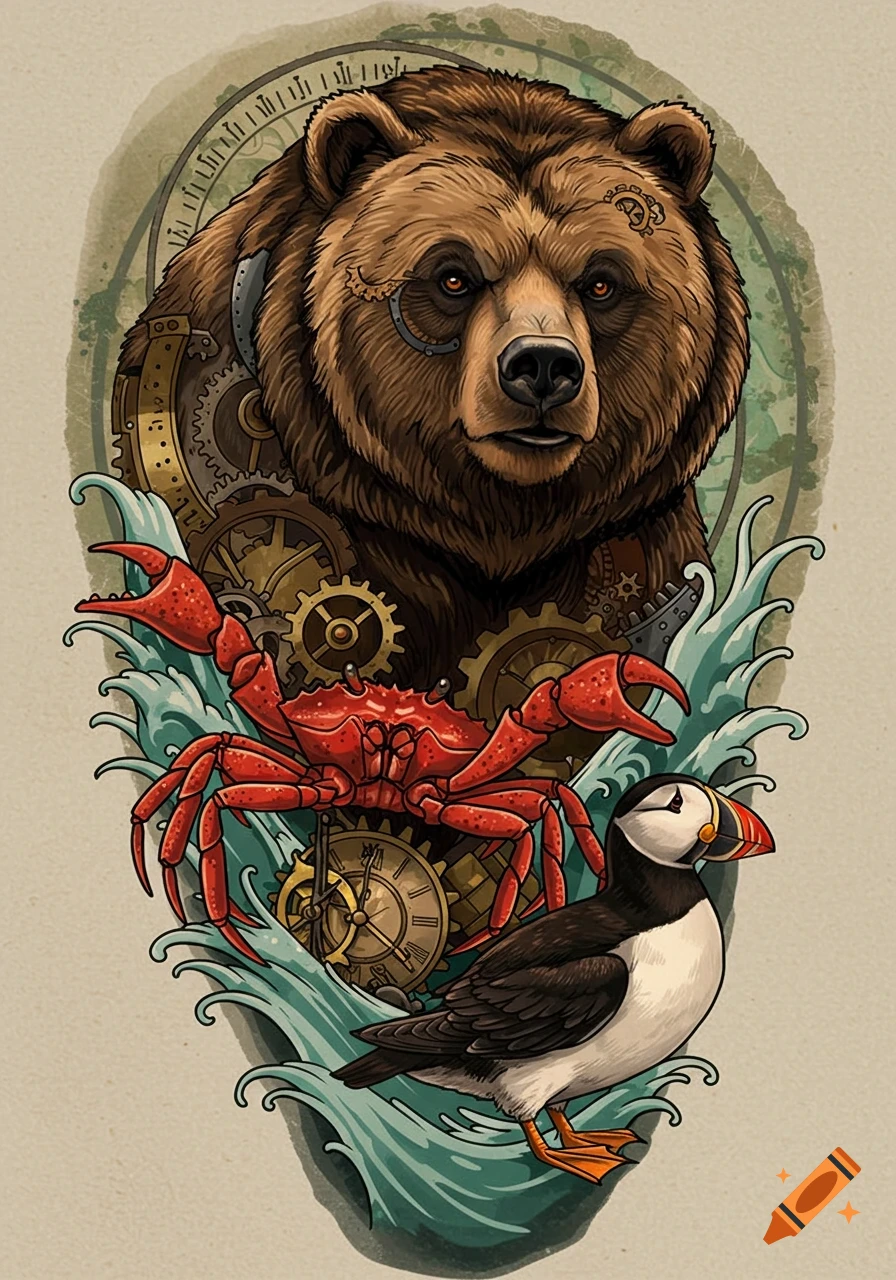 An American traditional steampunk illustration of a bear with gears, a red crab, and a puffin surrounded by waves.