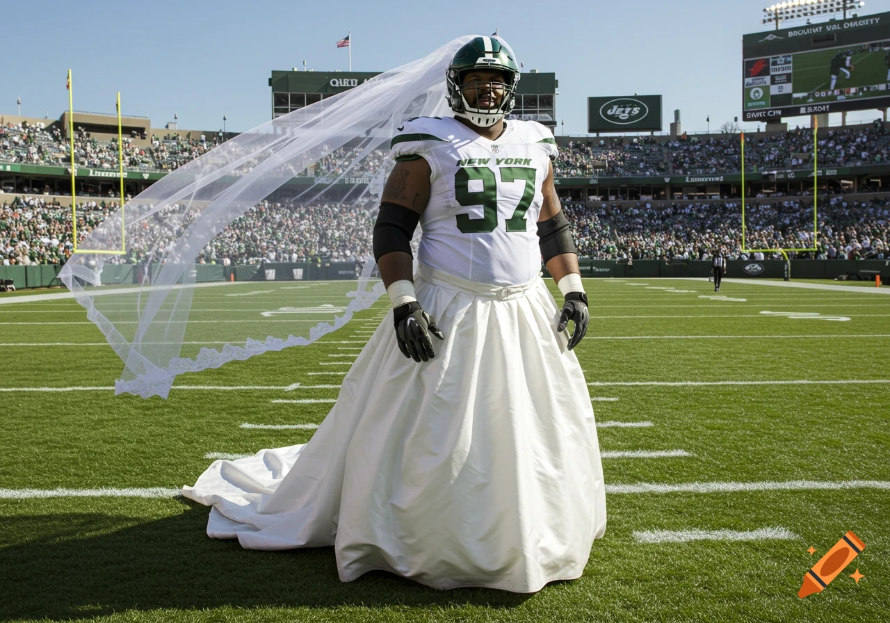 A football player in a New York Jets uniform and a white wedding dress stands on a green football field.