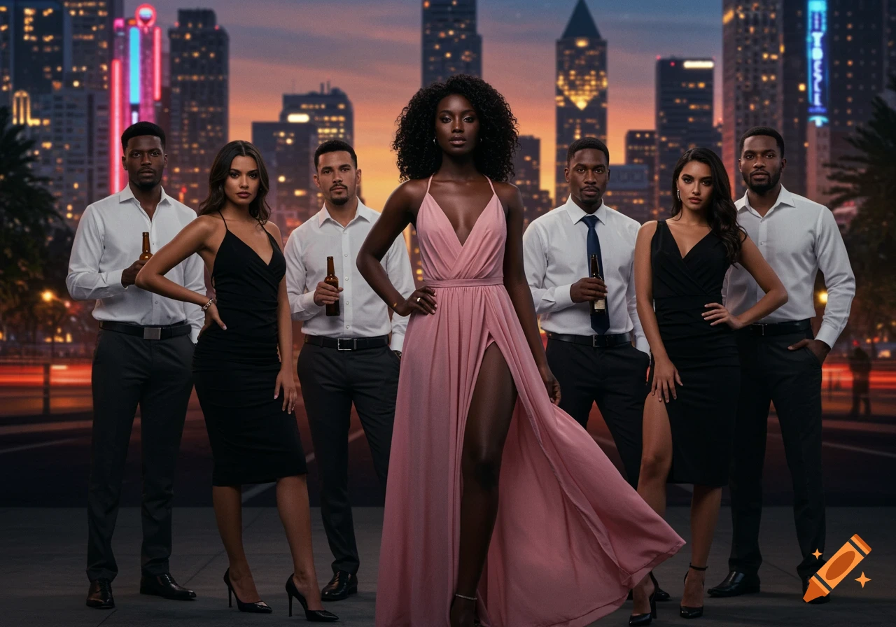 A diverse group of six stylishly dressed people stand on a city street at dusk, with skyscrapers in the background. A woman in a pink dress is central, flanked by others in black dresses and button-up shirts.