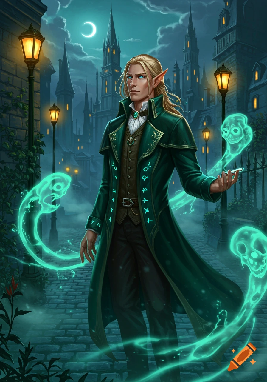 A blonde high elf male in a green trench coat stands in a foggy gothic street, conjuring glowing green ghost skulls.