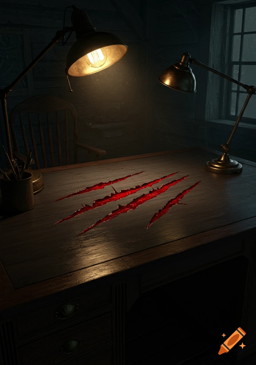 A dark, atmospheric shot of an old wooden desk illuminated by two vintage lamps, revealing five long, bright red claw marks scratched across its surface, suggestive of a monster attack in a creepy cabin.