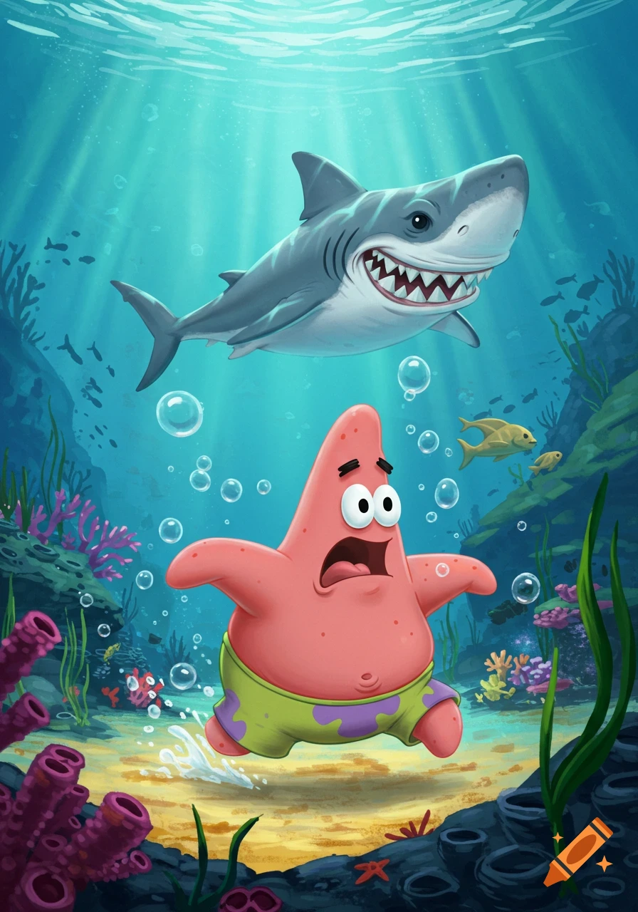 Patrick Star runs in fear from a menacing shark in a vibrant underwater cartoon scene with coral and fish.