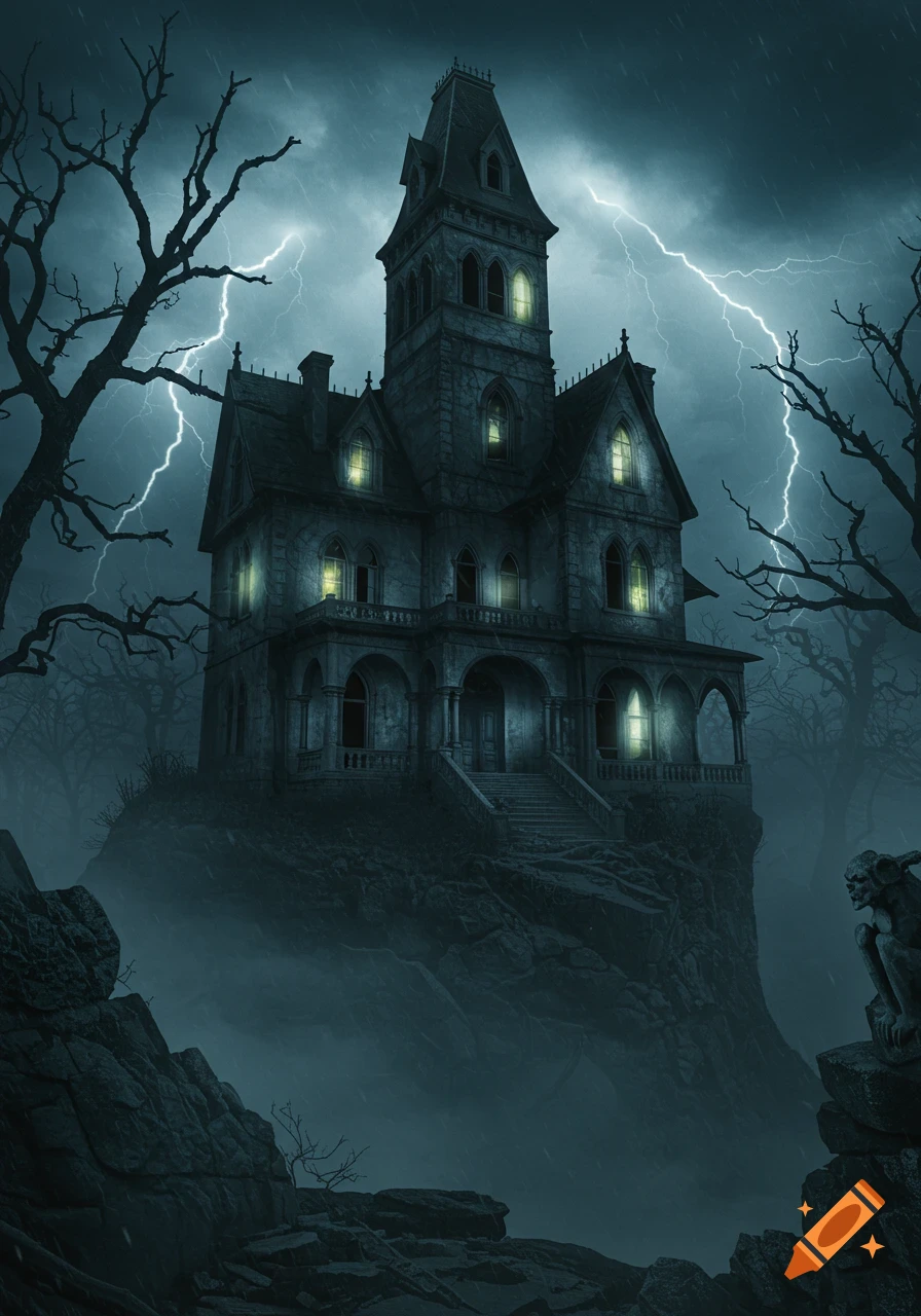 A gothic haunted house on a misty cliff under a stormy, lightning-filled sky.
