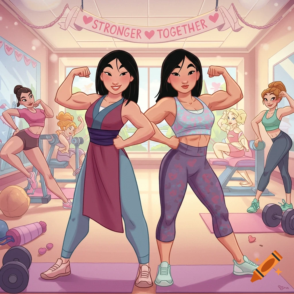 Cartoon of Mulan and another woman with muscular physiques flexing in a gym, with other Disney princesses in the background.