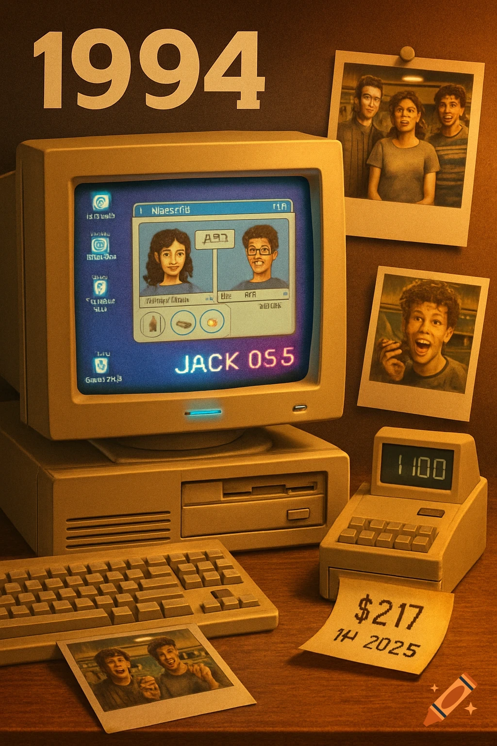 A vintage computer setup from 1994, with a monitor displaying two people, surrounded by polaroid photos, a calculator, and a receipt for $217.