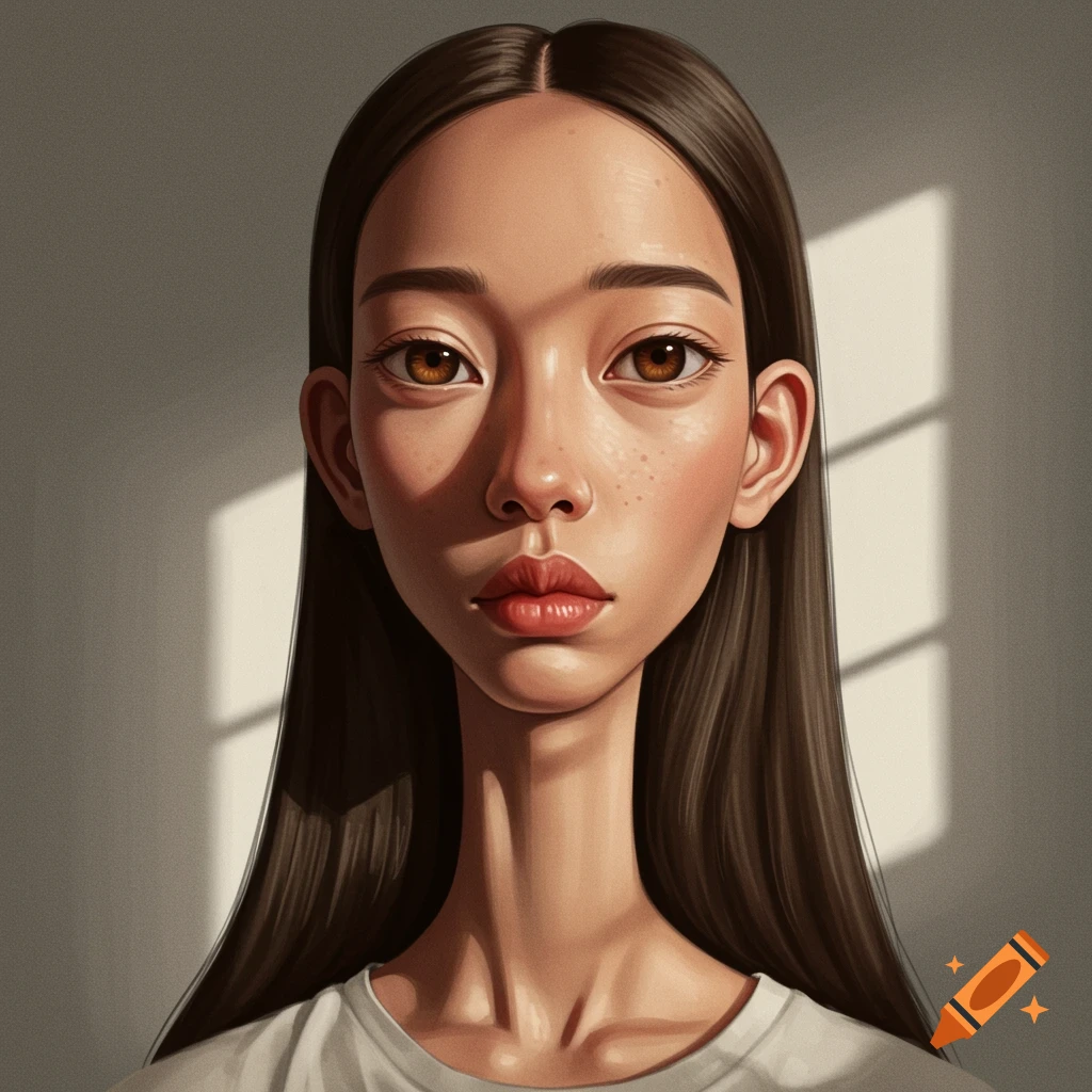 Stylized portrait of a young woman with long dark hair and brown eyes, against a wall with window shadows.