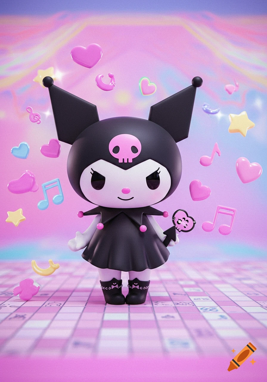 A 3D render of Kuromi, a black and white cartoon character, standing on a pink tiled floor, surrounded by floating pink hearts and music notes.